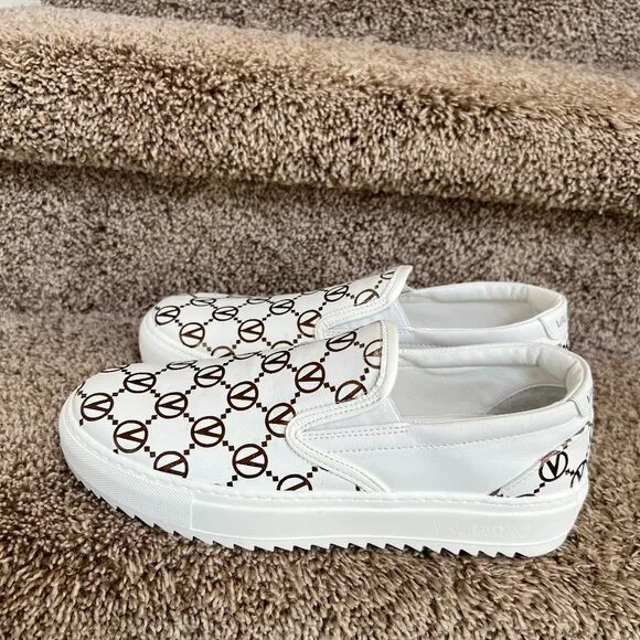 Valentino Women's White/ Brown Logo Leather Slip-on Sneakers